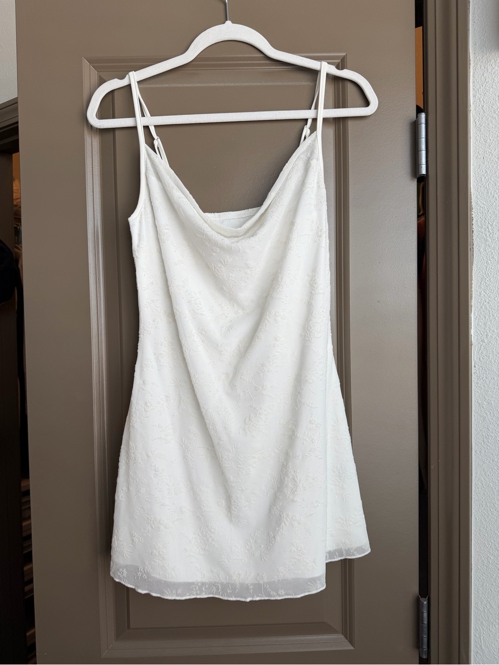 Elegant White Cowl Neck Mini Dress with Spaghetti Straps